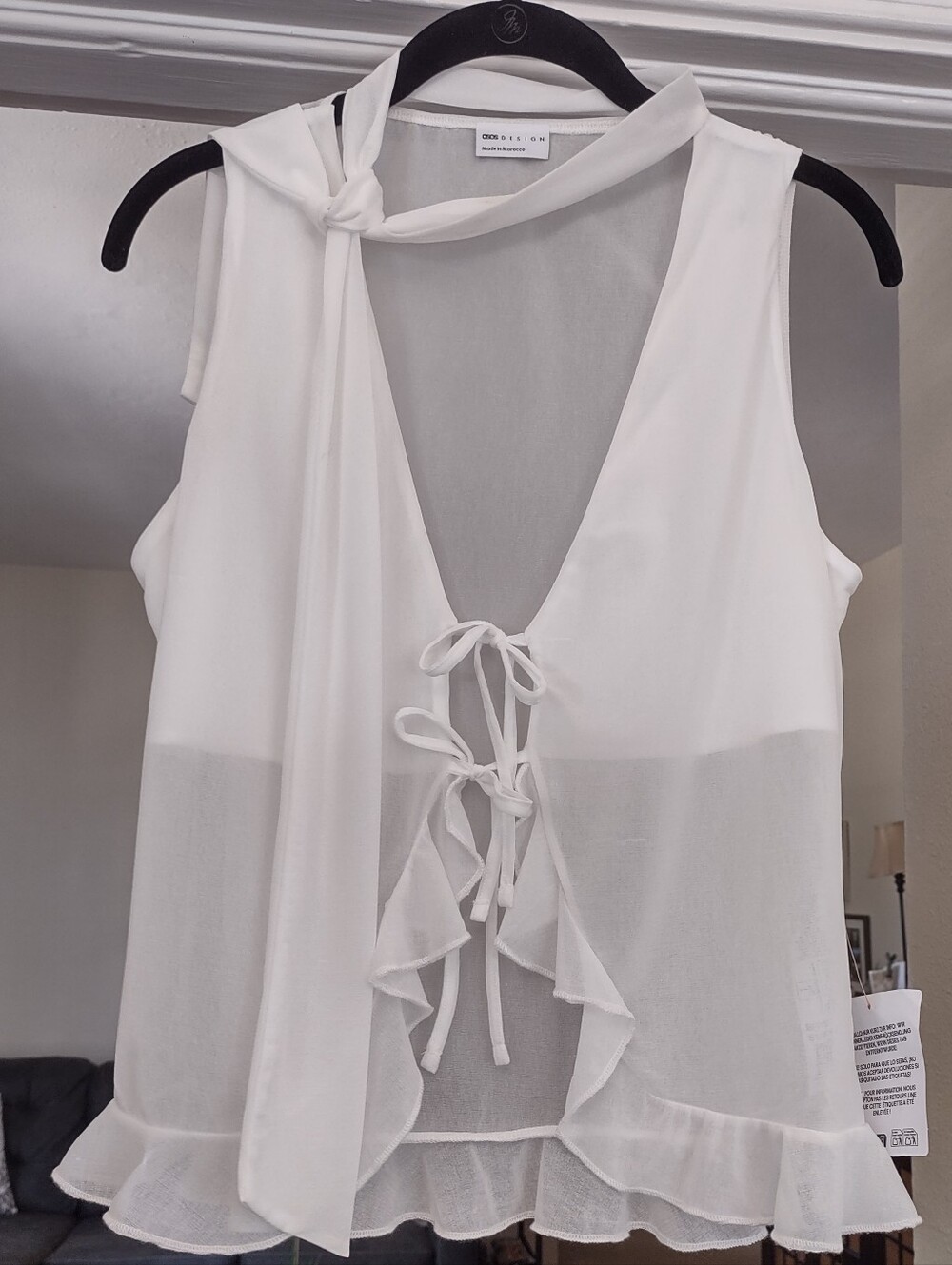 ASOS Design Ivory Ruffle Vest Top w/ Scarf Tie-Front Sz Medium Romantic Glam - Picture 3 of 7